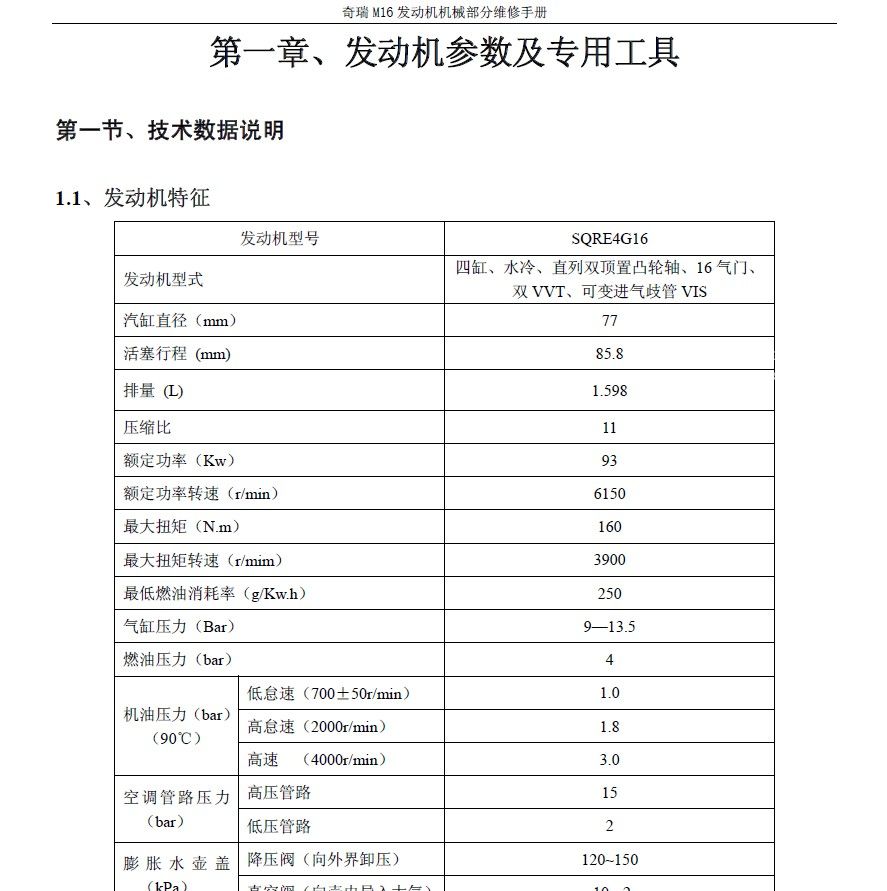 2013款奇瑞M16(4G16)发动机机械部分维修手册下载