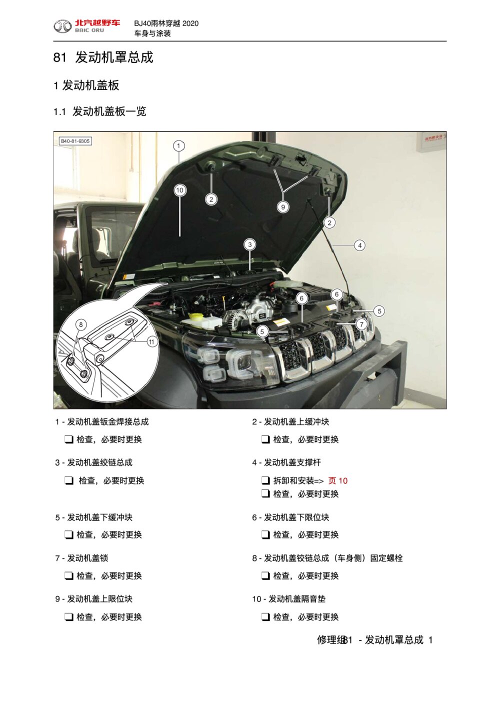 2020款北京BJ40发动机罩总成 发动机盖板拆装手册1