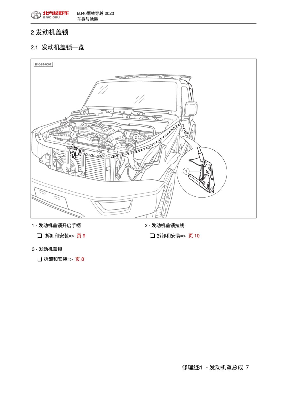 2020款北京BJ40发动机罩总成发动机盖锁拆装手册1