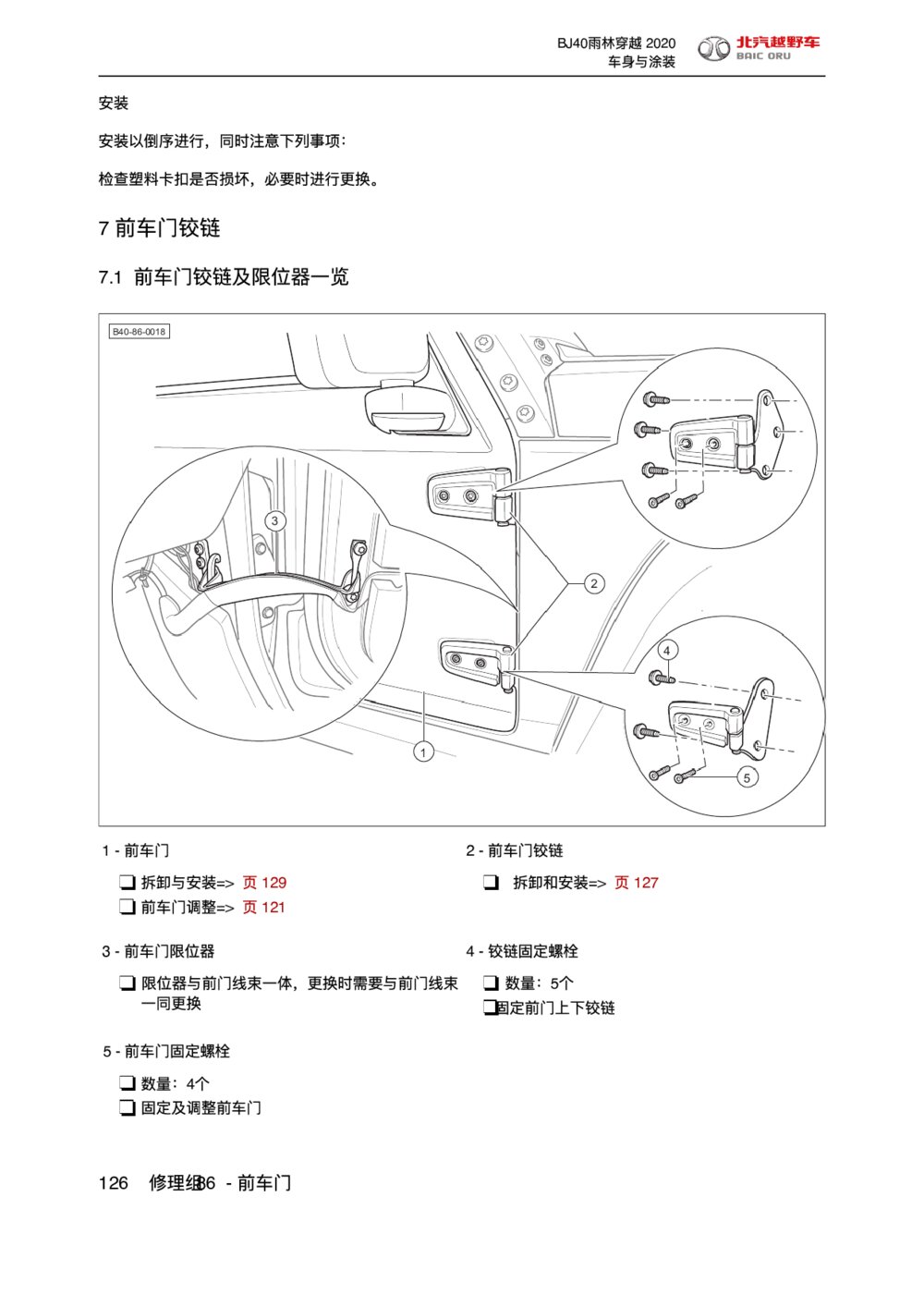 2020款北京BJ40前车门铰链拆装手册
