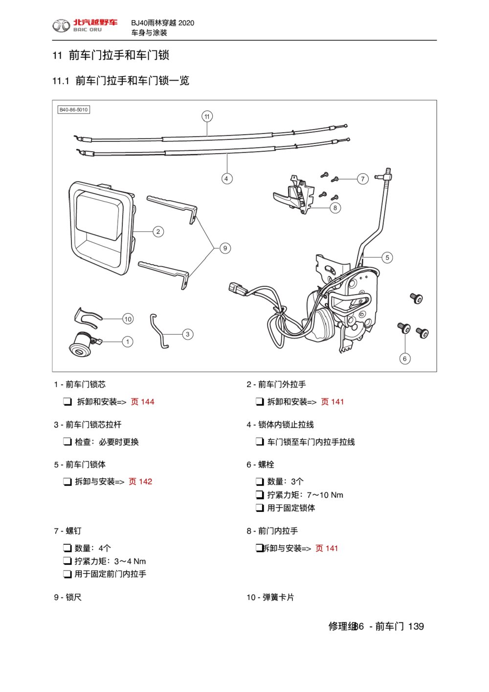 2020款北京BJ40前车门拉手和车门锁拆装手册1